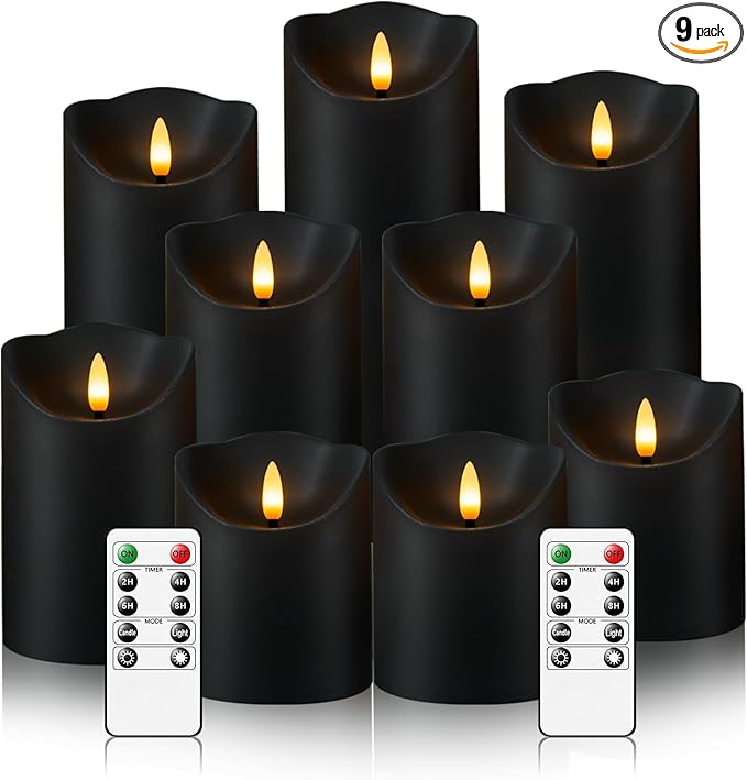 Nimiko Flameless Candles with Remote, Battery Operated Flickering Flameless Candles, LED Candles with Timer 2/4/6/8H, with Realistic LED Candles Set of 9 (D3 x H 3" 4" 5" 6" 7") (Black)