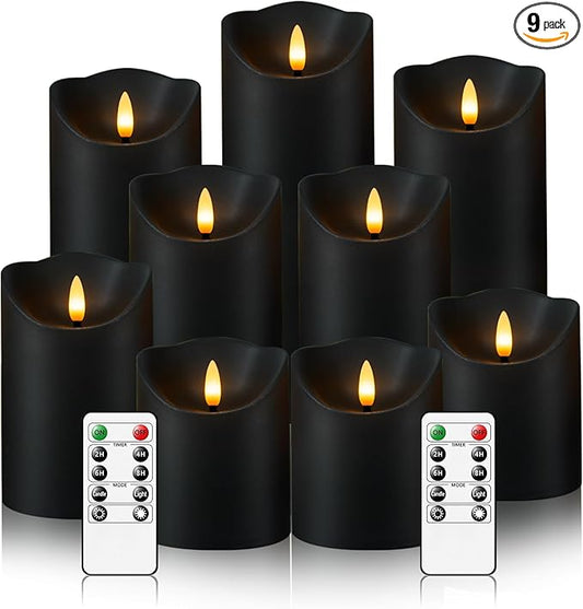 Nimiko Flameless Candles with Remote, Battery Operated Flickering Flameless Candles, LED Candles with Timer 2/4/6/8H, with Realistic LED Candles Set of 9 (D3 x H 3" 4" 5" 6" 7") (Black)