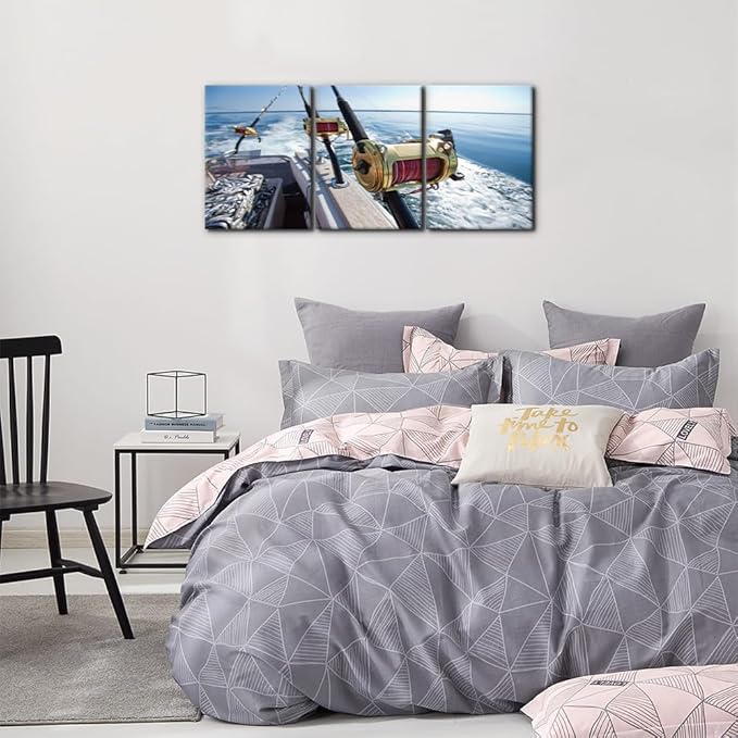 Pacimo 3 Pieces Canvas Wall Art Fishing Reels and Rods Pictures Prints Wall Decor for Living Room Angling Gallery-Wrapped Modern Artwork White Sea Wave Paintings Bedroom House Decor Framed - 12"x16"x3