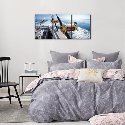 Pacimo 3 Pieces Canvas Wall Art Fishing Reels and Rods Pictures Prints Wall Decor for Living Room Angling Gallery-Wrapped Modern Artwork White Sea Wave Paintings Bedroom House Decor Framed - 12"x16"x3