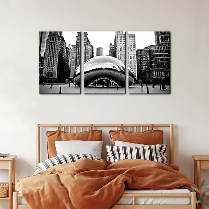 3 Pieces Black and White Wall Art - The Millennium Park in Downtown Chicago Photograph Picture Print on Canvas - Cloud Gate Canvas Wall Art for Modern Home Decor Ready to Hang - 16"x24"x3 Panel