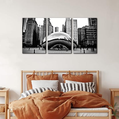 3 Pieces Black and White Wall Art - The Millennium Park in Downtown Chicago Photograph Picture Print on Canvas - Cloud Gate Canvas Wall Art for Modern Home Decor Ready to Hang - 16"x24"x3 Panel