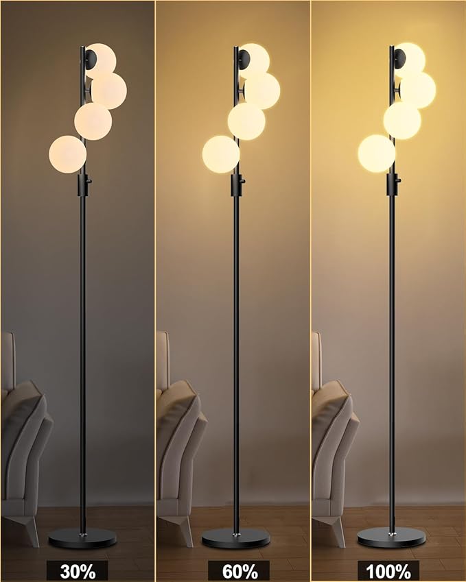 Lightdot 64IN Dimmable Globe Floor Lamp, Black Standing Lamps with 4PCS 3000K Bulbs Included, Mid Century Modern Floor Lamp with 5Lbs Heavy Base for Living Room/Sofa Beside/Corner Decor