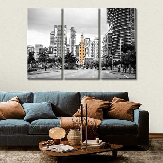 TUMOVO 3 Pieces Miami City Skyline Pictures Home Decor Skyscrapers Cityscape Canvas Paintings Wall Art for Living Room Print on Canvas Stretched and Framed Ready to Hang (42" Wx28 H)