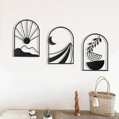 OYEFLY 3 PCS Boho Black Metal Wall Decor,Black Boho Metal Wall Art