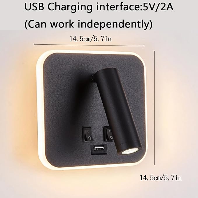 USB Charging Port Wall Wash Light Black Bed LED with Interior Wall Adjustable Spotlight Reading lamp Wall lamp Bedroom Indoor Bedside Lamp 3000K (3W + 10W)
