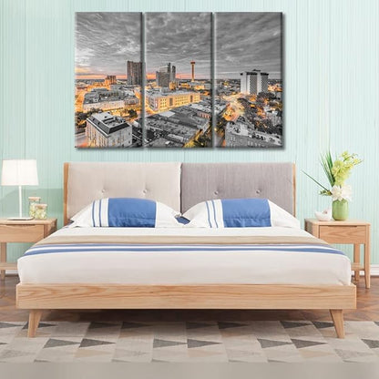 TUMOVO 3 Panels San Antonio Texas Nighttime Lightscape Modern Home Decor Beautiful City Skyline Canvas Paintings for Bedroom, Living Room, Office. Posters and Prints Framed Ready to Hang (42" Wx28 H)