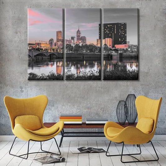 TUMOVO 3 Piece American Cityscape Black and White Wall Art Indianapolis Indiana USA Skyline on the White River at Dusk Artwork Wall Decor for Bedroom Framed Ready to Hang (42" Wx28 H)