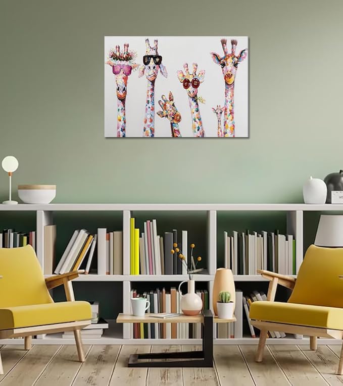 5 Giraffes Wear Glasses Canvas Wall Art for Living Room Graffiti Art Canvas Framed Wall Decor Modern Home Artwork Bathroom Canvas Prints Ready to Hang 12x16 inch