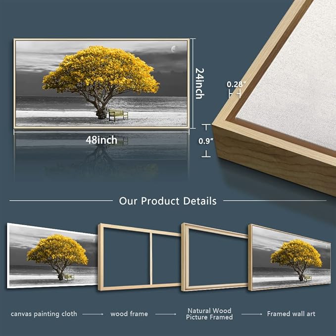 Framed Canvas Wall Art For Living Room Large Wall Decor For Bedroom Black And White Wall Painting Office Decoration Boho Home Decor Yellow Trees Scenery Pictures Artwork Natural Wood Framed