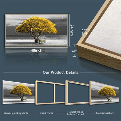 Framed Canvas Wall Art For Living Room Large Wall Decor For Bedroom Black And White Wall Painting Office Decoration Boho Home Decor Yellow Trees Scenery Pictures Artwork Natural Wood Framed