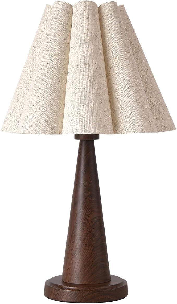 Modern Table Lamp with Petal Linen Lampshade, Dark Faux Wood Metal Base – 20.5” Bedside Nightstand Lamp for Bedroom, Living Room, Office, E26 Base, Max 60W (Bulb Not Included)