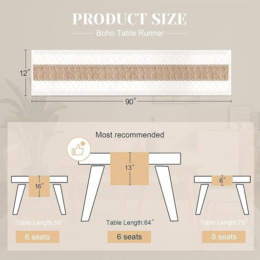 FEXIA Boho Table Runner for Home Coffee Decor 90 Inches Long Farmhouse Rustic Table Runner Macrame Burlap Centerpieces for Tables Decoration for Kitchen Bedroom Decor Bridal Shower (12x90 Inches)