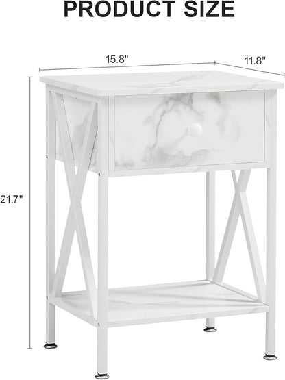 VECELO Nightstands, Modern Bedside End Tables Set of 2, Night Stand with Drawer and Storage Shelf for Living Room Bedroom, Industrial Metal Frame