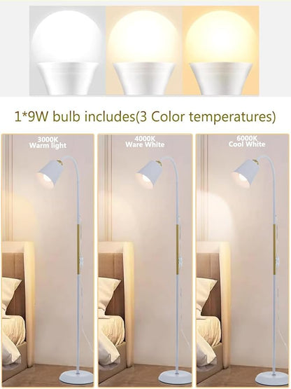 Floor Reading Lamp, Industrial Metal Floor Lamps for Living Room with Adjustable Bendable 2 in 1 Reading Table Lamps for Living Room Bedroom Office, 12W Bulb Included (White)