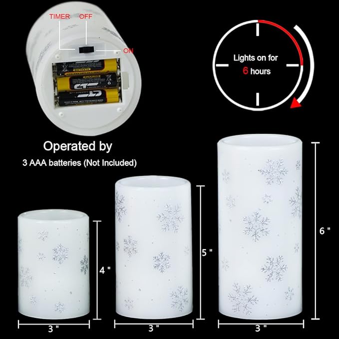 Silver Snowflake Flameless Flickering Candles Battery Operated with 6H Timer, 3 Pack Real Wax Warm Light LED Pillar Candles Dinner Tabletop Holiday Centerpiece Decor 3" x 6"