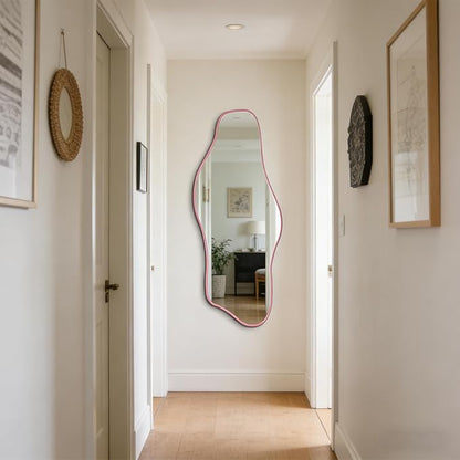 Large Irregular Mirror, 60"x24" Pink Asymmetrical Tempered Glass Mirror, Modern Organic Shape Frameless Mirrors for Living Room Bedroom Hallway Entryway, Horizontal or Vertical Hanging
