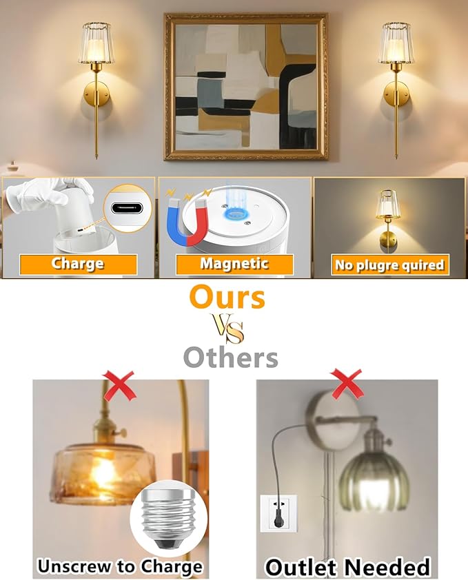 Adetu Crystal Battery Operated Wall Sconce Set of 2, Gold Rechargeable Wall Sconce with 10000mAh Magnetic Bulbs and Remote Control, RGB Dimmable Wireless Battery Wall Lights for Bedroom Living Room