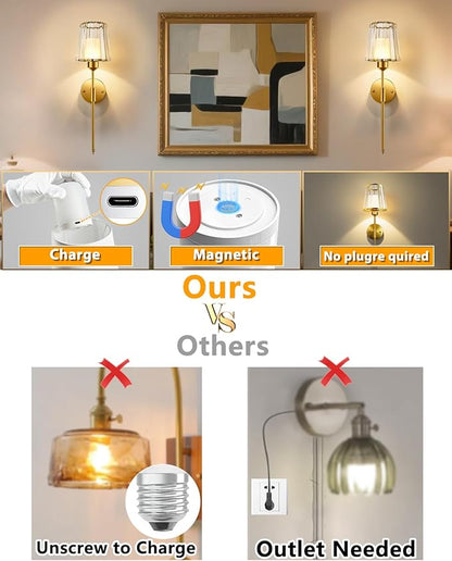 Adetu Crystal Battery Operated Wall Sconce Set of 2, Gold Rechargeable Wall Sconce with 10000mAh Magnetic Bulbs and Remote Control, RGB Dimmable Wireless Battery Wall Lights for Bedroom Living Room