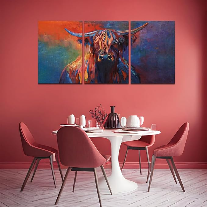 Cow Canvas Wall Art Abstract Highland Cow Painting 3 Panels Texas Longhorn Posters and Prints for Living Room Home Office Bar Toilet Bedroom Guest Room Decoration, Framed 60" L x 28" W