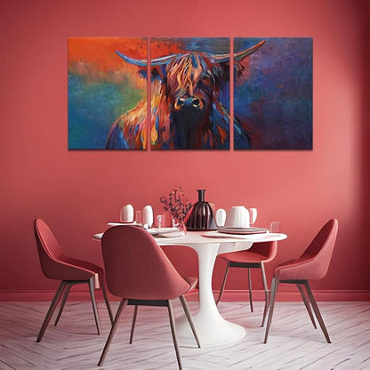 Cow Canvas Wall Art Abstract Highland Cow Painting 3 Panels Texas Longhorn Posters and Prints for Living Room Home Office Bar Toilet Bedroom Guest Room Decoration, Framed 60" L x 28" W