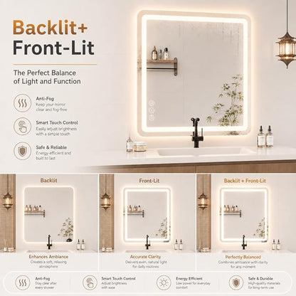 30" x 36" Led Bathroom Mirror with Lights, Anti-Fog & Tri-Color Lighting - Wall Mounted Shaving Mirror with Touch Sensor, Waterproof & Smart LED Vanity Mirror,Tempered Glass, Dimmable Smart Mirror