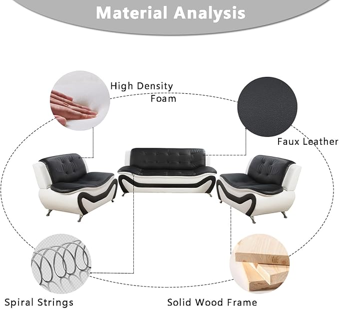 Leather Couches for Living Room, Living Room Couch Set, Sofa for Bedroom, Apartment, Living Room Furniture Sets (a-Leather Black&White, Chair)