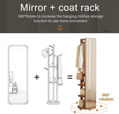 WoodsWhisper Full Length Mirror Coat Rack Solid Wood Floor Mirror 66"x12" Full Length Mirror with Stand Long Mirrors for Bedroom,Living Room (Walnut-Mobile, 66" Lx12 W)