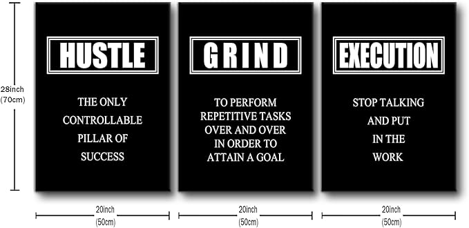 Motivational Poster Grind Hustle Execution Inspirational Wall Art Painting 3 Pieces Canvas Print Office Decor Inspiring Quotes Framed Artwork Home Living Room Decoration Ready to Hang [60''W x 28''H]