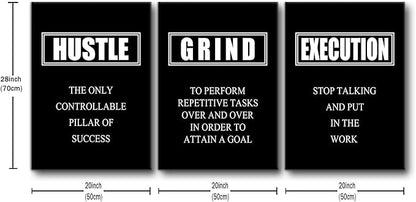 Motivational Poster Grind Hustle Execution Inspirational Wall Art Painting 3 Pieces Canvas Print Office Decor Inspiring Quotes Framed Artwork Home Living Room Decoration Ready to Hang [60''W x 28''H]