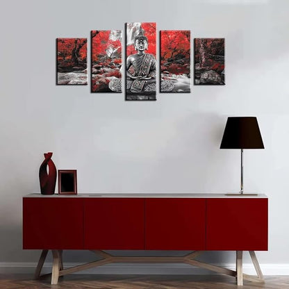 AWLXPHY Decor Buddha Wall Art Canvas Waterfall Painting Framed 5 Panels for Living Room Decoration Modern Landscape Buddha Trees Zen Wall Art Giclee (Red, 40"x20")
