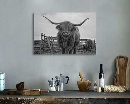 SKASNFAI Highland Cow Wall Art Black and White Canvas Picture Animal Poster Framed Art Wall Decor for Living Room Bathroom (20x30 inch)