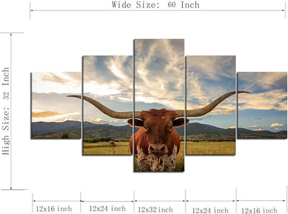 5 Piece Animal HD Painting Canvas Prints Texas Longhorn Steer in Rural Utah Giclee Artwork Modern Framed and Stretched Wall Art Painting for Living Room Decor - 60''W x 32''H