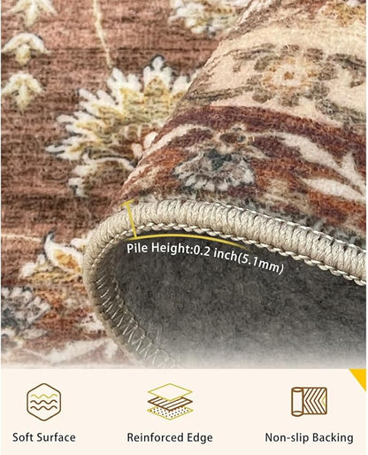 4x6 Area Rugs Reddish Brown Washable Rug for Living Room, Dining Room, Bedroom, Large Carpets, Non Slip & Non-Shedding Low Pile Vintage Print Rug for Home Office Decor