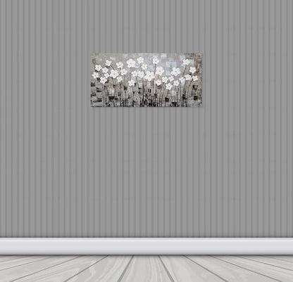 Yihui Arts Hand-Painted Textured White Floral Artwork on Gray Abstract Background - Modern 3D Flower Oil Painting for Living Room, Bedroom, Home Decor