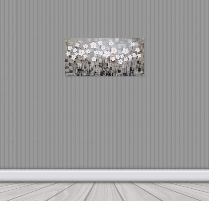 Yihui Arts Hand-Painted Textured White Floral Oil Painting on Canvas, Modern Gray Abstract Background Wall Art for Living Room Bedroom, Thick Textured Floral Decor