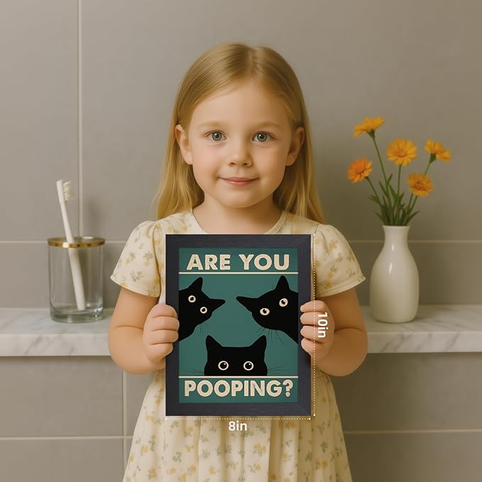Cyebmo Funny Black Cat Bathroom Wall Art, Whimsical Toilet Humor Wall Decor, “Are You Pooping?” Cat Canvas Painting, Three Cats Poster Print for Restroom BathRoom Wood Framed Ready to Hang 8x10 Inch