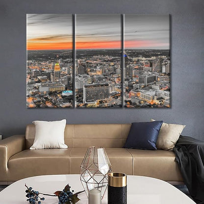 TUMOVO American Cityscape Home Decor Posters and Prints San Antonio Nighttime Lightscape Wall Art for Living Room 3 Pieces Skyscrapers Artwork Kitchen Wall Decor Framed Ready to Hang (42" Wx28 H)
