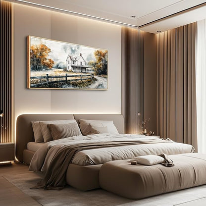 QIYILEXWART Wood Framed Canvas Wall Art For Living Room Wall Decor For Bedroom Office Wall Decoration White Hut Painting Farmhouse Watercolour Pictures Artworks Room Home Decor Ready To Hang