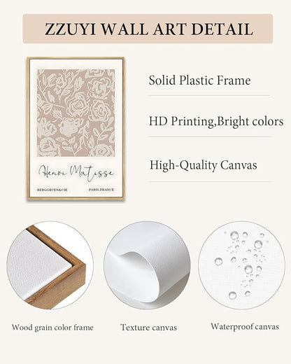 Zzuyi Framed Matisse Neutral Wall Art,Beige Abstract Floral Matisse Canvas Wall Decor,Abstract Modern Minimalist Prints for Bathroom, Living Room, Dining Room 16x24in