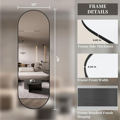 Oval Full Length Mirror, 60"×19" Wall-Mounted Mirror with Metal Frame, Ultra-Clear Explosion-Proof, Simple and Classic Deco for Cloakroom/Bedroom/Living Room, Black