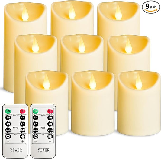 YIWER Plastic Flameless LED Candles,9PCS Battery Operated Candle with Remote Fake Electronic Flickering Light Large Pillar D3”H4”(10.2) 5”6”Durable Use