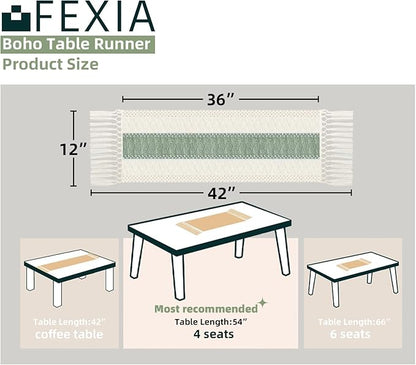 FEXIA Sage Green Table Runner 36 Inches Long with Tassels Boho for Summer Home Decor Rustic Macrame Farmhouse Table Cover for Wedding Party Bohemian Bridal Shower Dining Decorations(12x36 Inches)