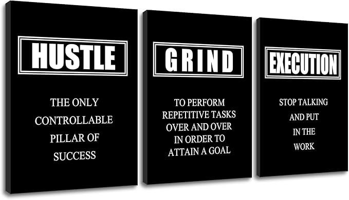 Hustle Grind Execution Inspirational Quotes Poster Motivational Wall Art Decoration Painting 3 Pieces Canvas Print Framed Stretched Artwork Modern Office Home Decor Ready to Hang [36''W X 16''H]