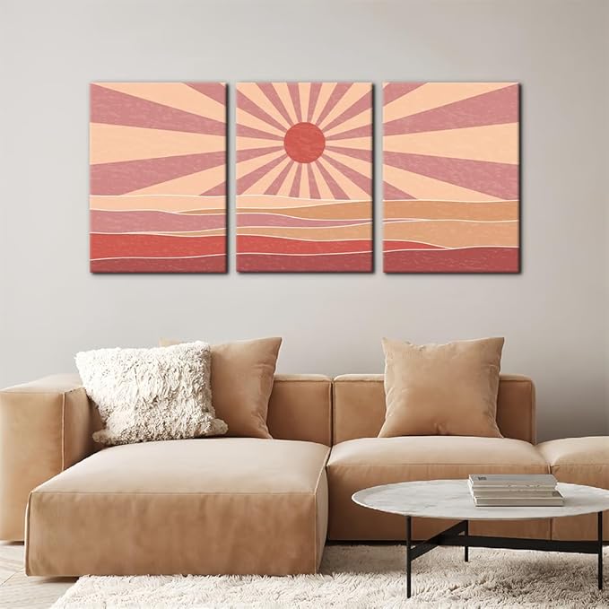 Pacimo 3 Pieces Boho Canvas Wall Art - Framed Canvas Wall Art Prints Sun Rising on the Sea Design - Modern Artwork for Home Decor, Neutral Boho Wall Decor for Living Room Bedroom Office - 20"x28"x3