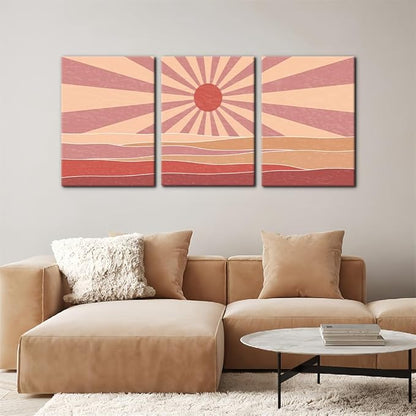 Pacimo 3 Pieces Boho Canvas Wall Art - Framed Canvas Wall Art Prints Sun Rising on the Sea Design - Modern Artwork for Home Decor, Neutral Boho Wall Decor for Living Room Bedroom Office - 20"x28"x3