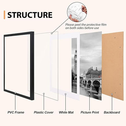 Fixwal 11x17 Picture Frame Set of 6 with Shatter Resistant Plastic Glass, Thin Border and Light Weight Photo Frames for Wall, Gift for Mother's Day, Father's Day, Graduation, Black