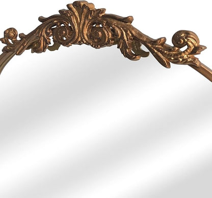 HQiJun Gold Wall Mirror, Large Arched Vintage Baroque Ornate Mirrors, Traditional Decorative Antique Brass Mirror for Entryway, Living Room, Bedroom, Bathroom Vanity, Fireplace Mantel(Gold,29"x36")