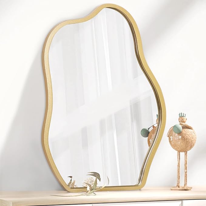 Gold Mirror for Wall Decor Cute and Stylish Unique Wooden Framed Wall Mirror Asymmetrical Vanity Artistic Cloud Mirror Decorative for Living Room Bedroom Bathroom Entryway