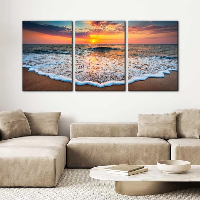 Pacimo 3 Pieces Wall Art Decor Beach Canvas Print Picture Sunrise Ocean Waves Scenery Painting Artwork for Office Wall Decor Home Decoration Stretched and Framed Ready to Hang - 20"x28"x3 Panels